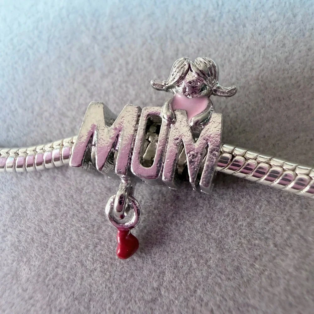 MOM Silver Girl Pink Red Heart Dangle Charm fits PANDORA